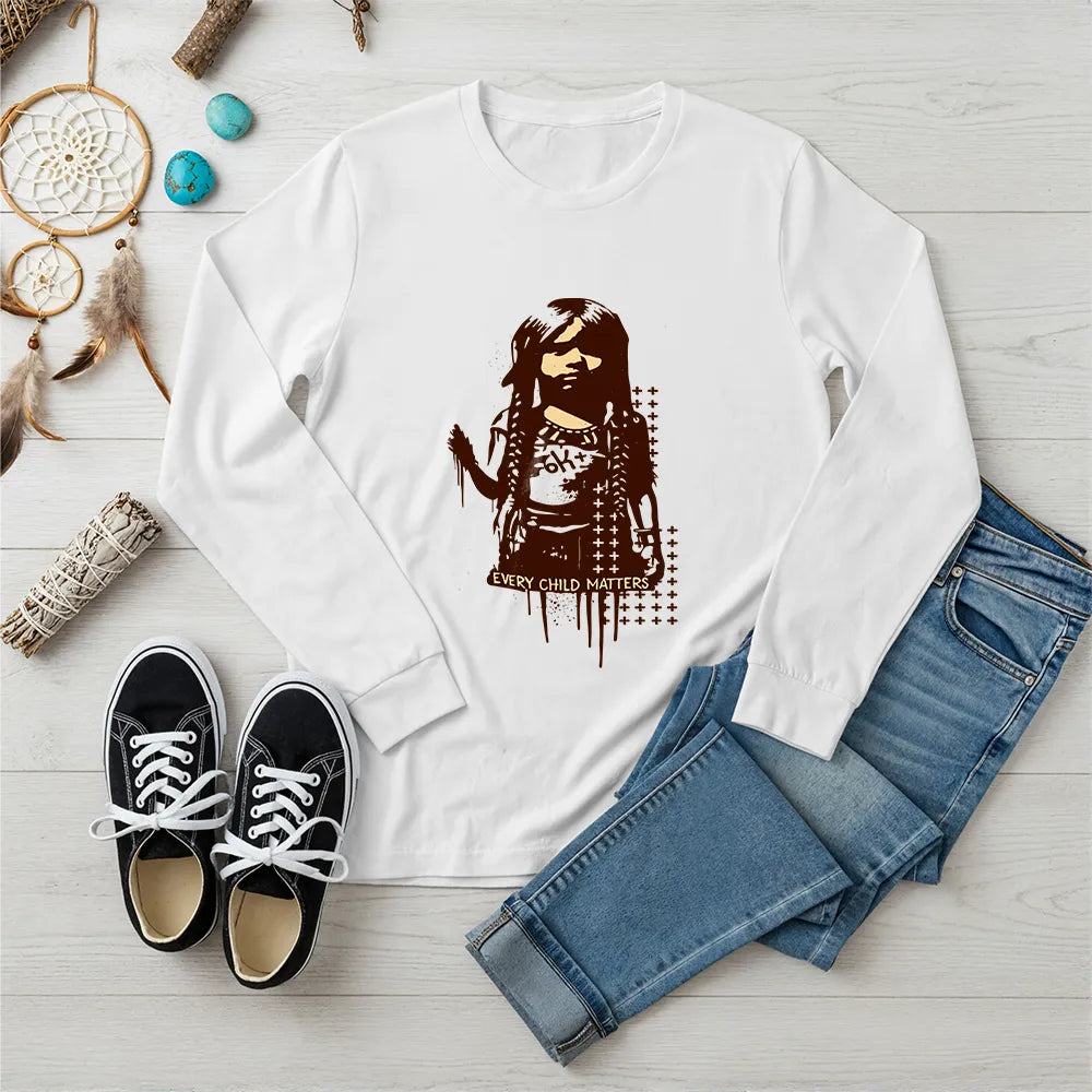 Orange Native America long sleeve shirt with Every Child Matters design inspired by Indigenous culture