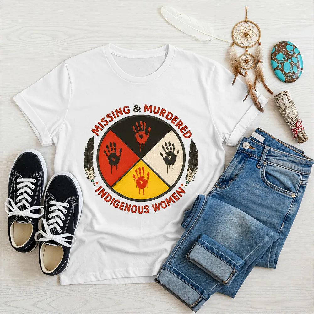 White Native America t-shirt featuring a bold MMIW design with colorful handprints.