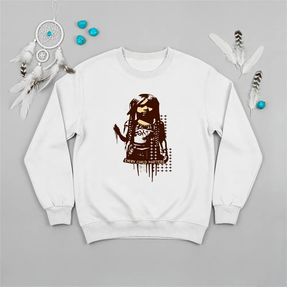 Orange Native America sweatshirt showcasing Indigenous girl design and Every Child Matters quote