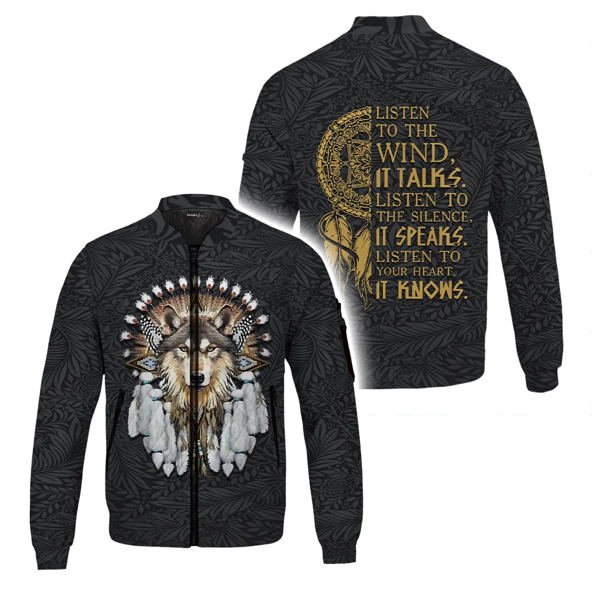Bomber jacket with wolf design and "Listen to the Wind" quote with a dreamcatcher.