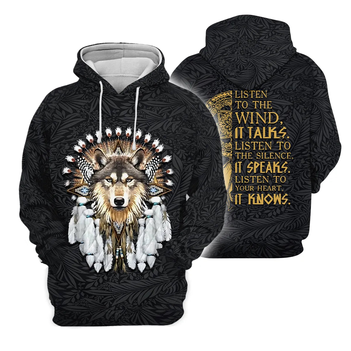Hoodie featuring a wolf design and "Listen to the Wind" quote with a dreamcatcher.