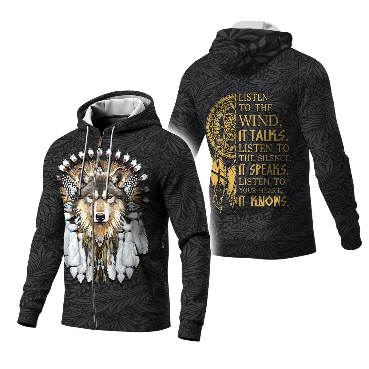 Premium fleece jacket featuring a wolf design and "Listen to the Wind" quote with a dreamcatcher.