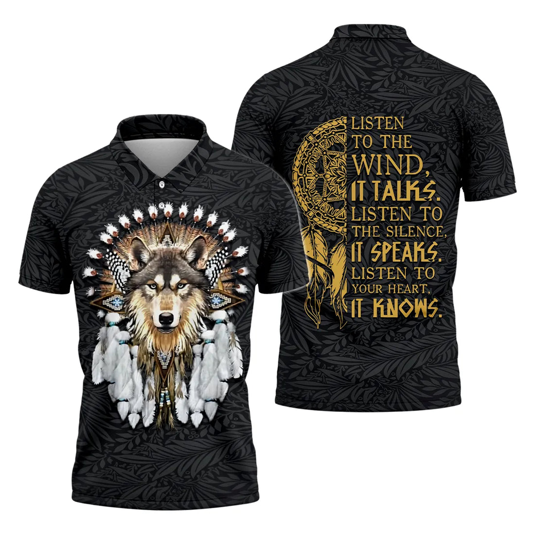Premium polo shirt featuring a wolf design and "Listen to the Wind" quote with a dreamcatcher.