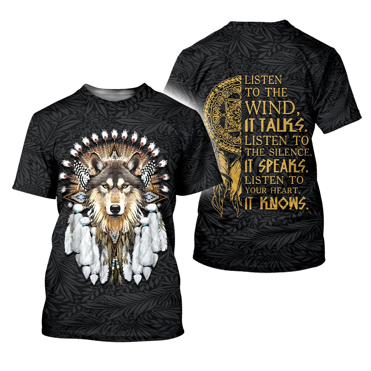 T-shirt with wolf design and "Listen to the Wind" quote along with a dreamcatcher.