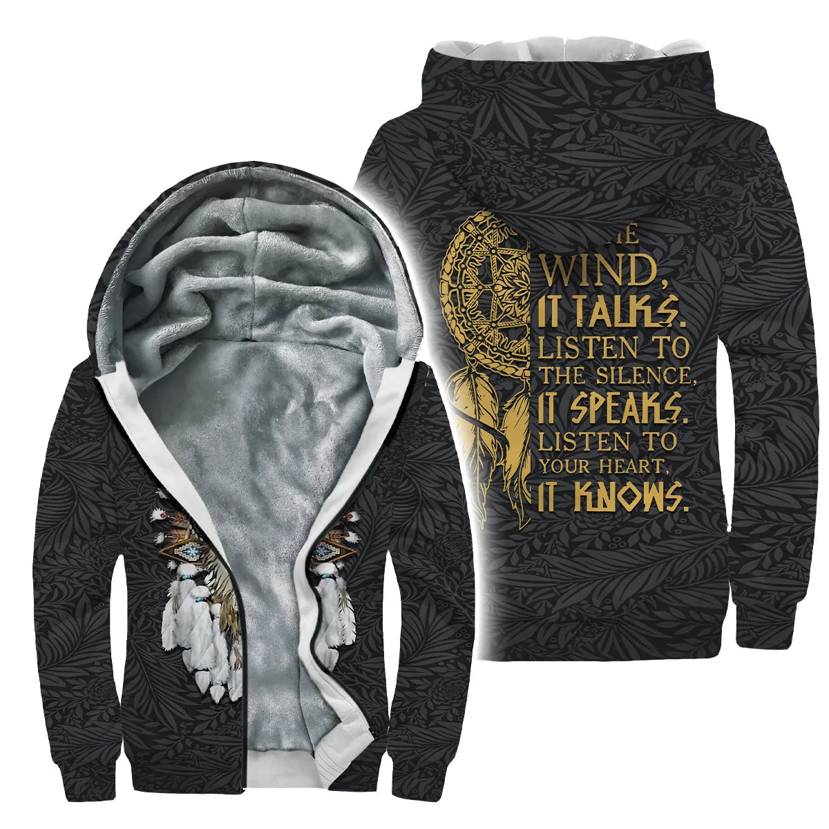 Velvet jacket featuring a wolf design and "Listen to the Wind" quote with a dreamcatcher.