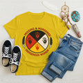 Yellow Native America t-shirt with vibrant handprint graphic for MMIW awareness.