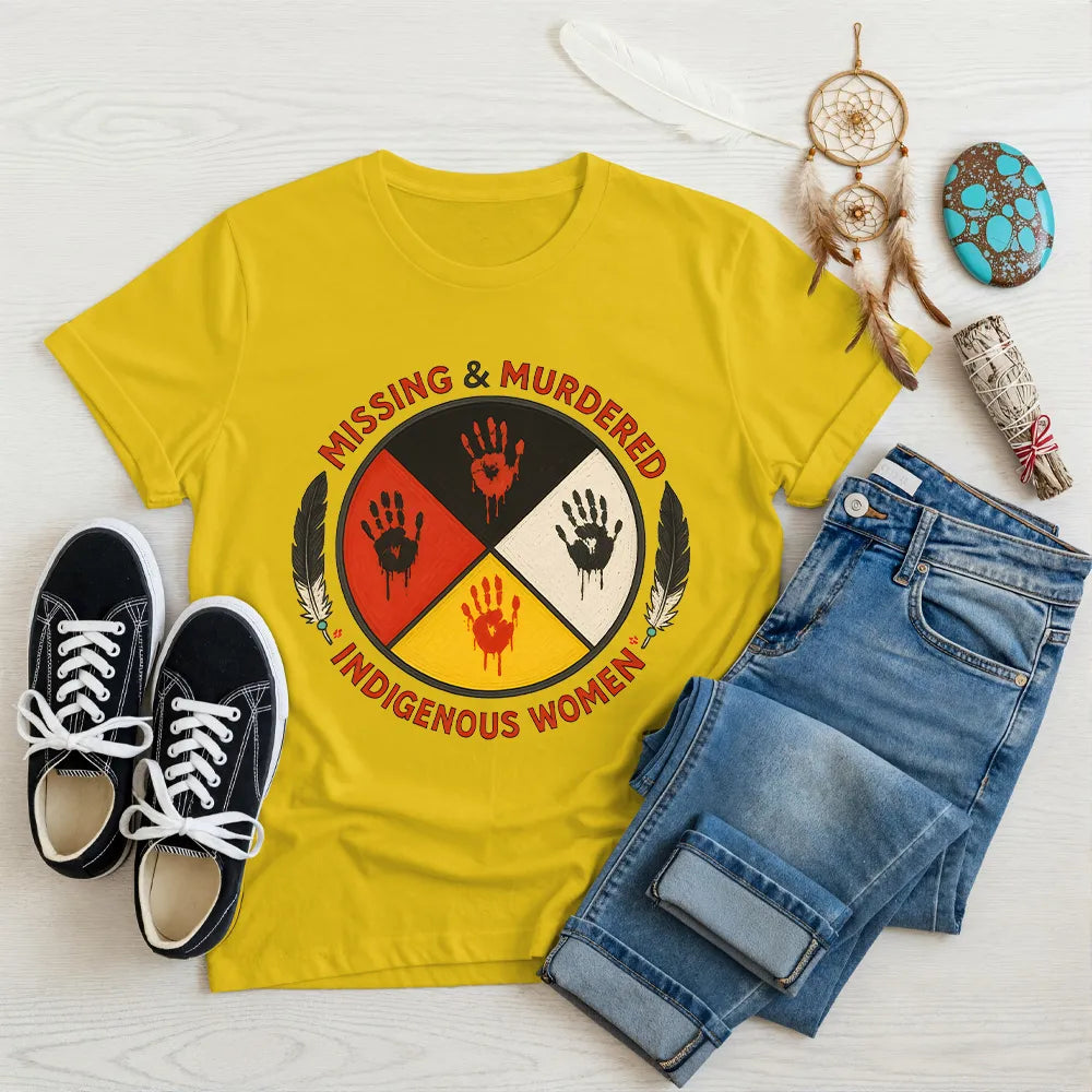 Yellow Native America t-shirt with vibrant handprint graphic for MMIW awareness.