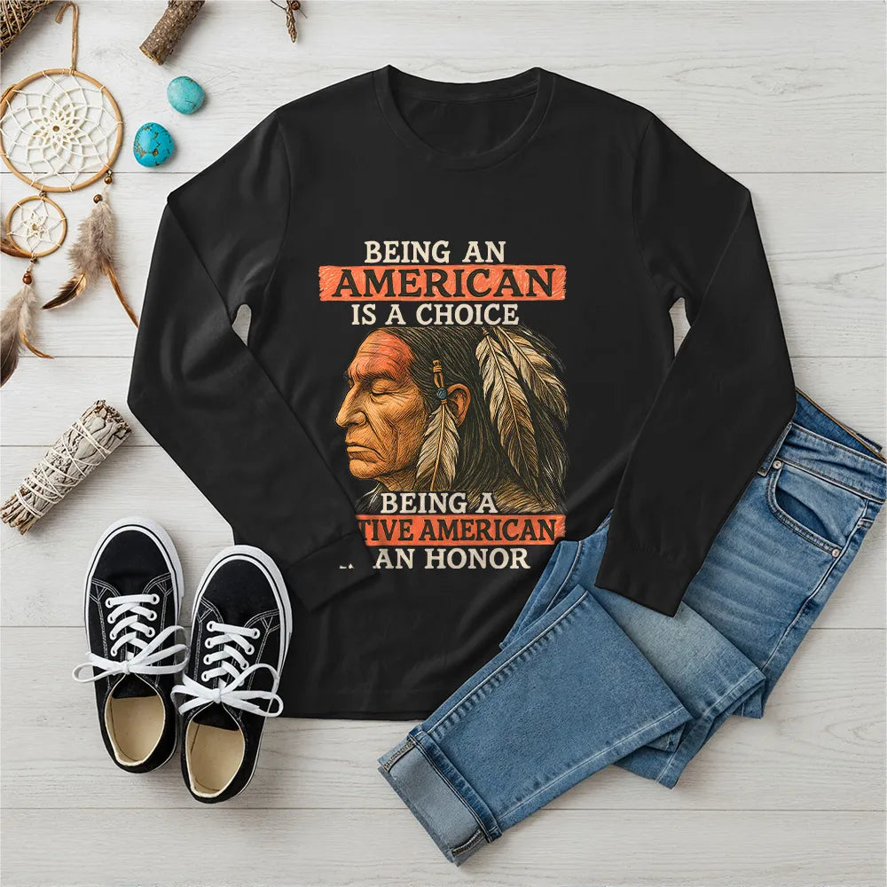 Black long sleeve T-shirt with a Native American-inspired design, symbolizing strength, pride, and cultural heritage.