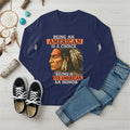 Navy long sleeve T-shirt featuring bold Native American design symbolizing honor, strength, and cultural respect.