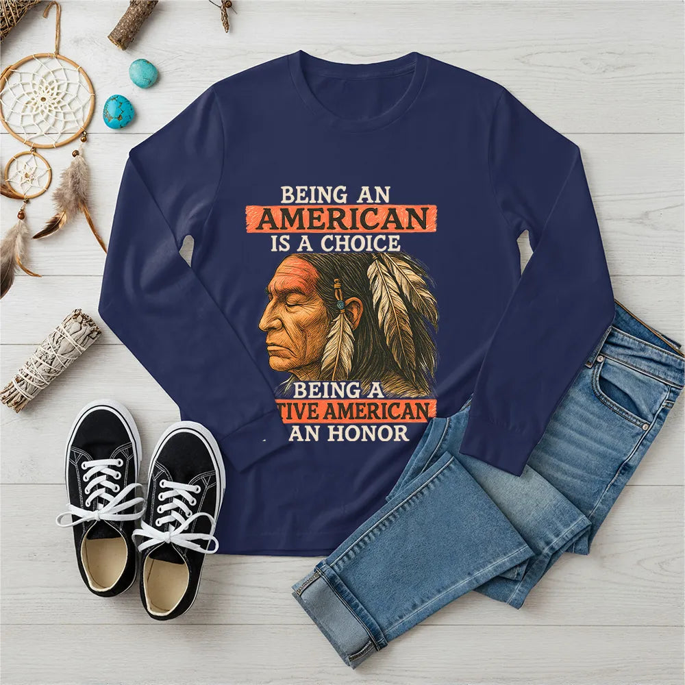 Navy long sleeve T-shirt featuring bold Native American design symbolizing honor, strength, and cultural respect.