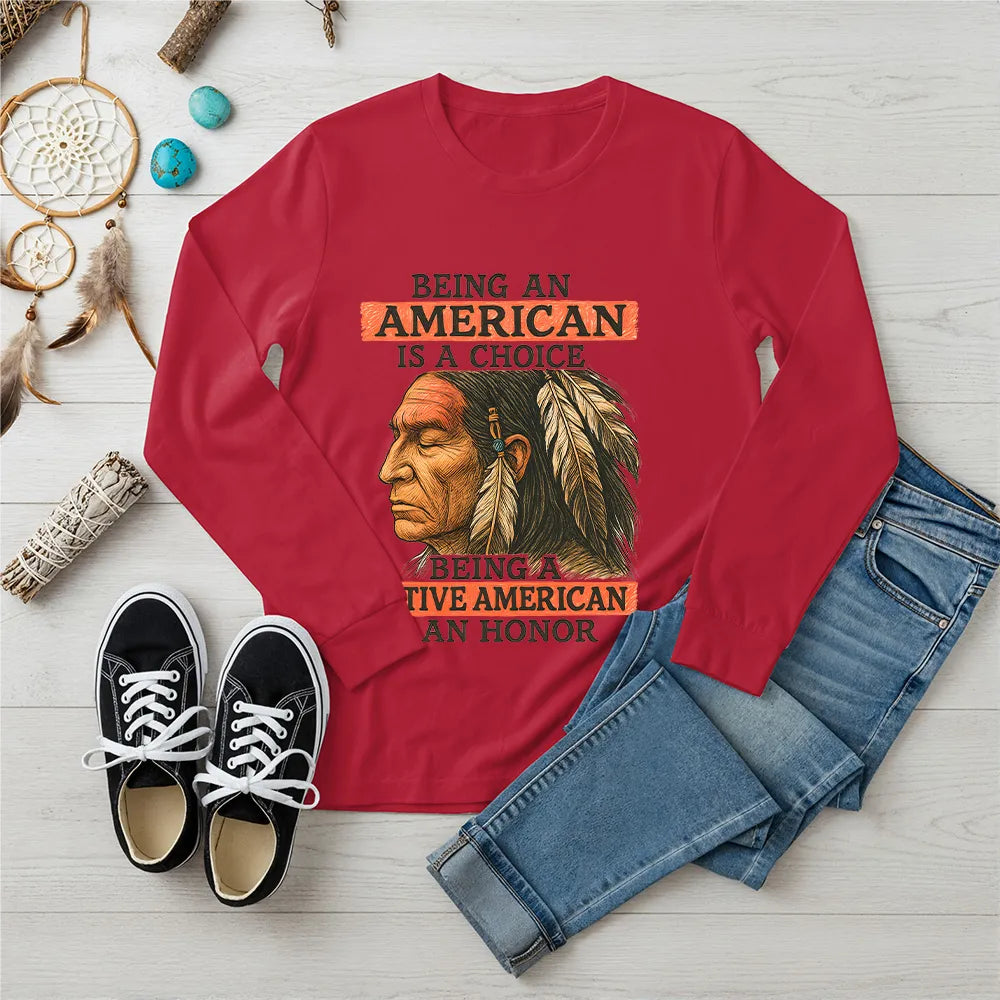Black long sleeve T-shirt with a Native American-inspired design, symbolizing strength, pride, and cultural heritage.