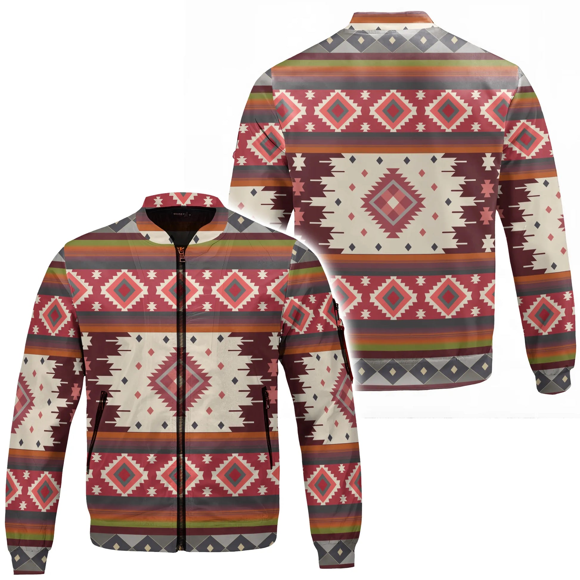 A bomber jacket featuring the distinctive Aztec Geometry pattern of Native American culture, offering a bold and unique style. The jacket has a front zipper closure and convenient side pockets, suitable for outdoor activities or casual daily wear.