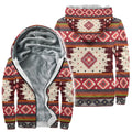 A thick fleece-lined hoodie featuring the Aztec Geometry pattern. The soft fleece lining provides maximum warmth, making it suitable for chilly days or outdoor winter activities. The hoodie has a hood and a convenient zipper closure.