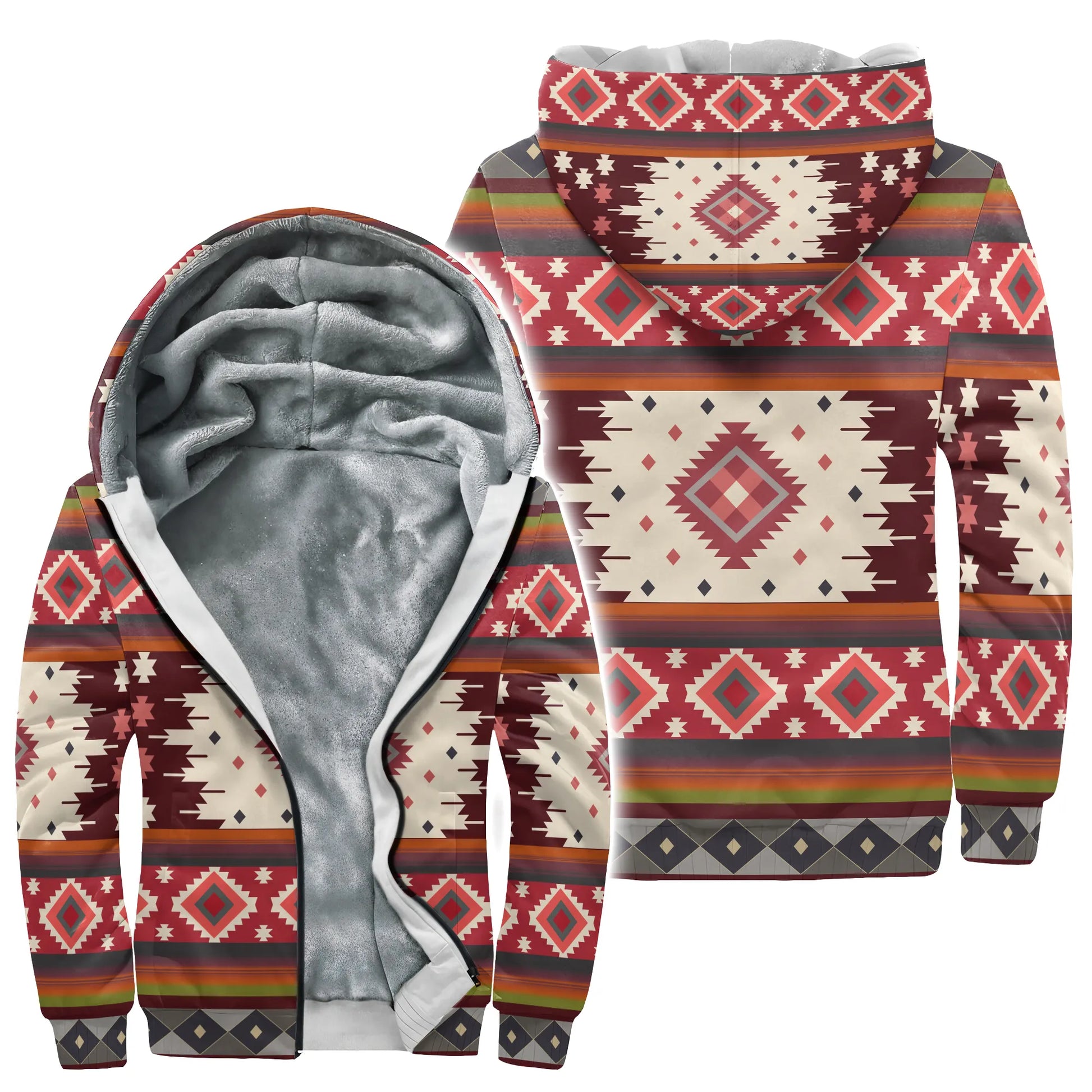 A thick fleece-lined hoodie featuring the Aztec Geometry pattern. The soft fleece lining provides maximum warmth, making it suitable for chilly days or outdoor winter activities. The hoodie has a hood and a convenient zipper closure.