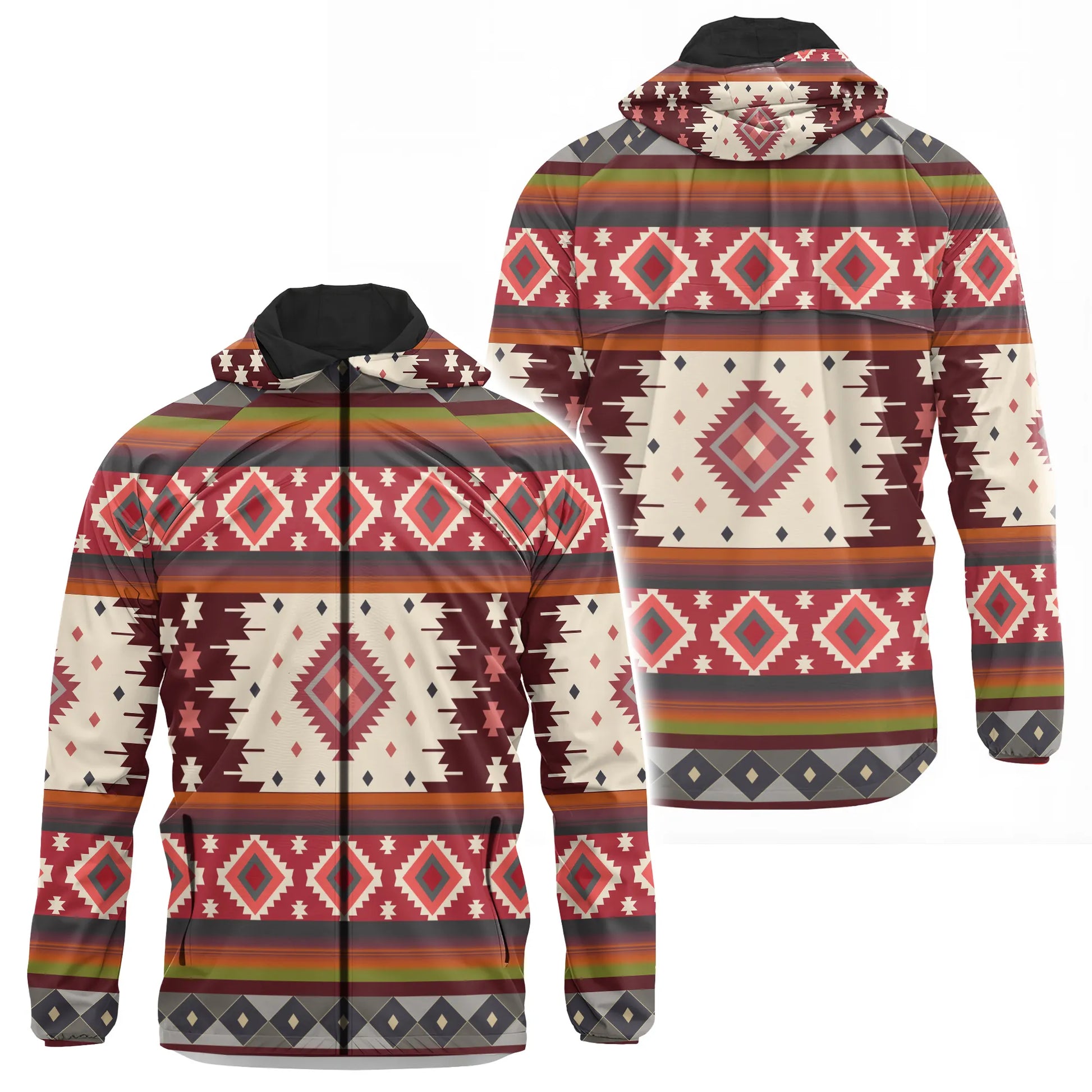 A hooded windbreaker jacket with a prominent Aztec Geometry pattern. Its lightweight and water-resistant design makes it ideal for outdoor excursions, travel, or sports activities when protection from wind and light rain is needed.