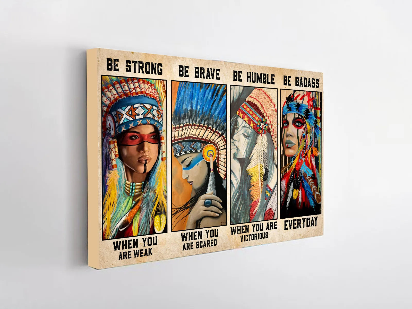 "Be Humble When You Are Victorious" - Native American design featuring traditional beadwork and feathers.