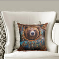 Side angle of Native American dreamcatcher bear pillow showcasing intricate feather and bead details