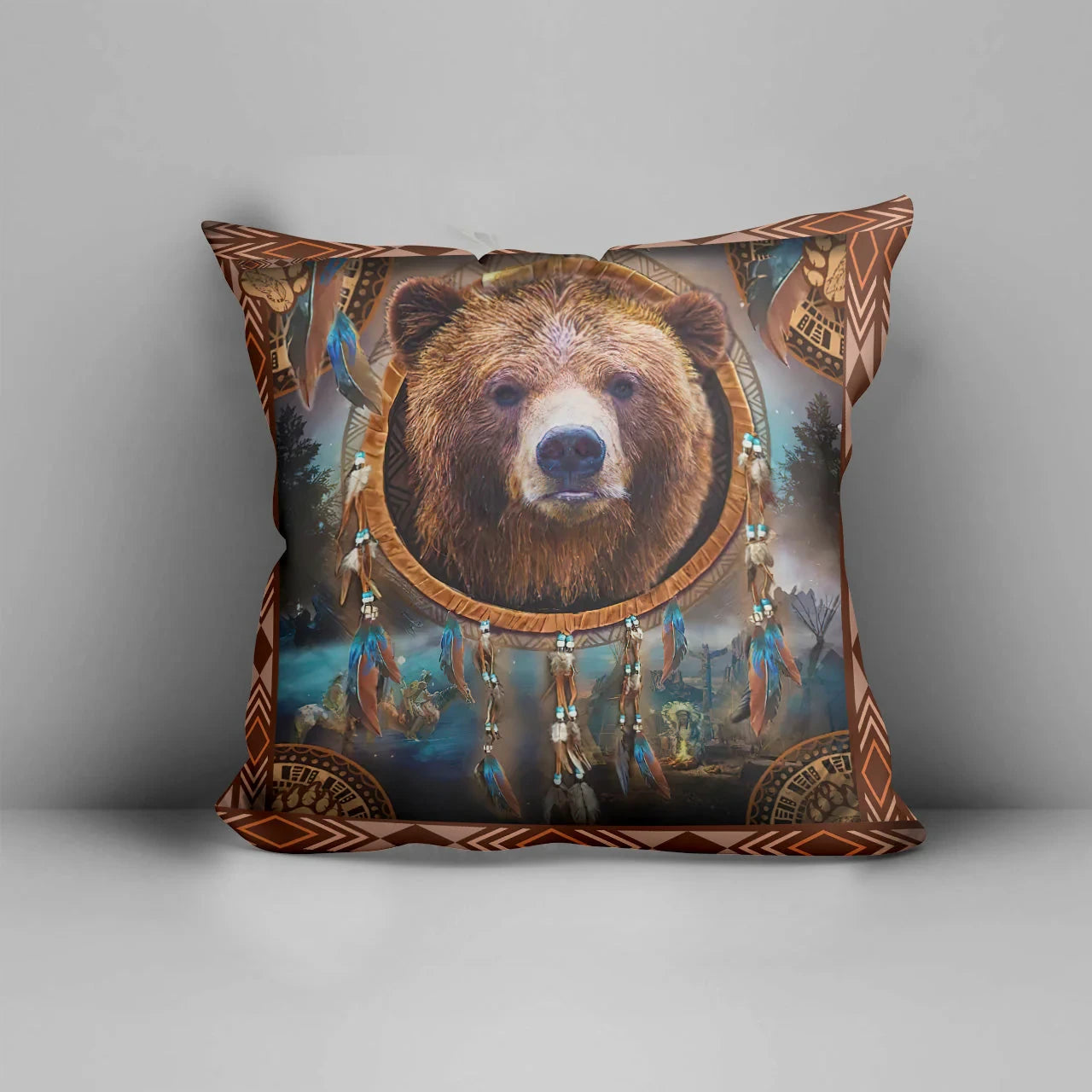 Front view of Native American dreamcatcher bear throw pillow with feathers and spiritual symbols