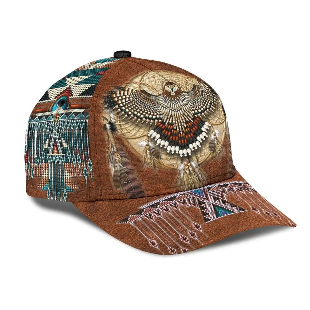 Side view of a brown baseball cap showcasing intricate Native American patterns and dreamcatcher design