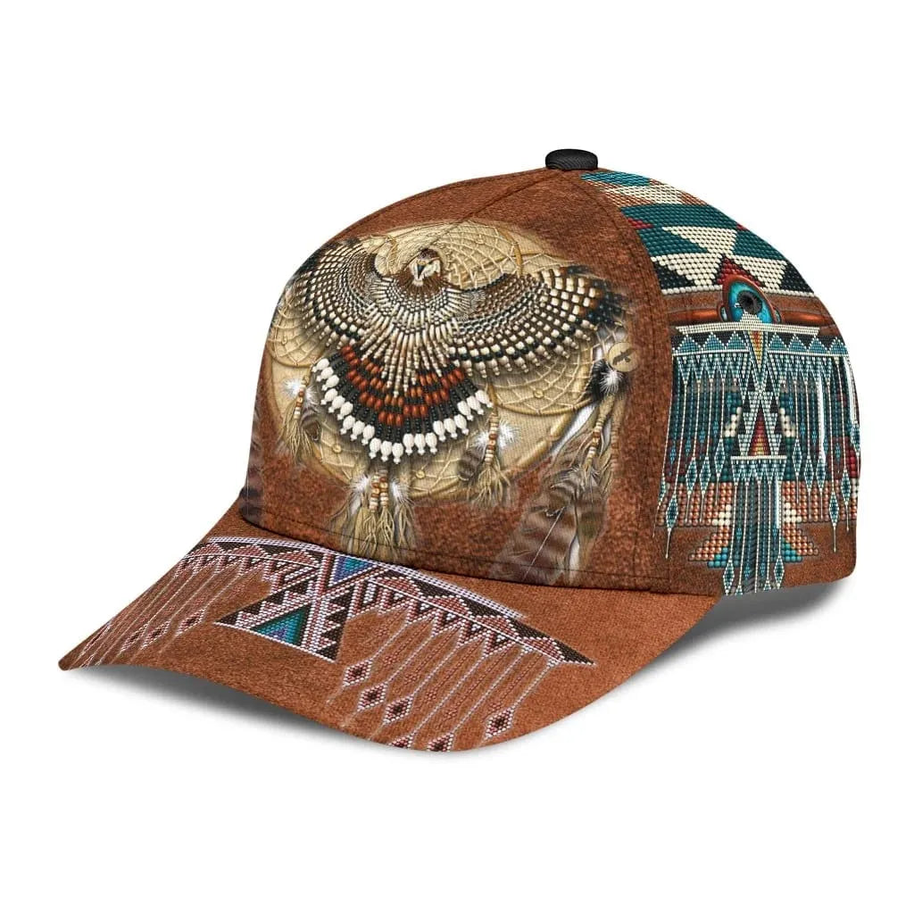 Side view of a brown baseball cap showcasing intricate Native American patterns and dreamcatcher design