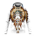 Close-up of the jacket’s front, featuring a centered dreamcatcher design with tribal beads, wolf portrait at top, and feather accents, set against a crisp white background and light blue hood.