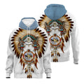 Back and front of the white fleece jacket displaying the dreamcatcher’s full feathered headdress and wolf-themed beadwork, with a light blue hood above and feathers cascading down