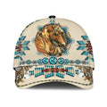 Front view of baseball cap with Native American horse and dreamcatcher design, beige background and tribal pattern details.
