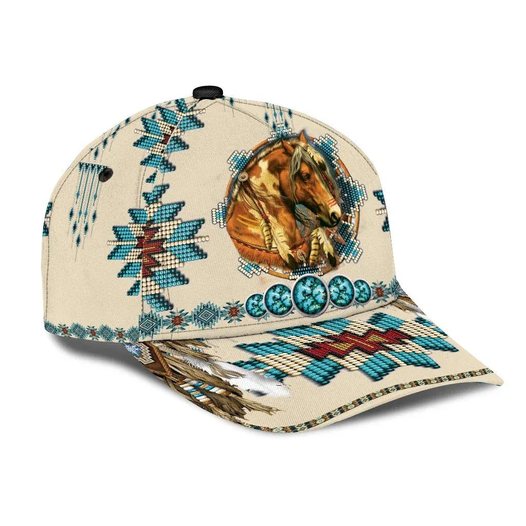 Angled view of Native American inspired baseball cap with horse and dreamcatcher design, featuring detailed tribal beadwork pattern.