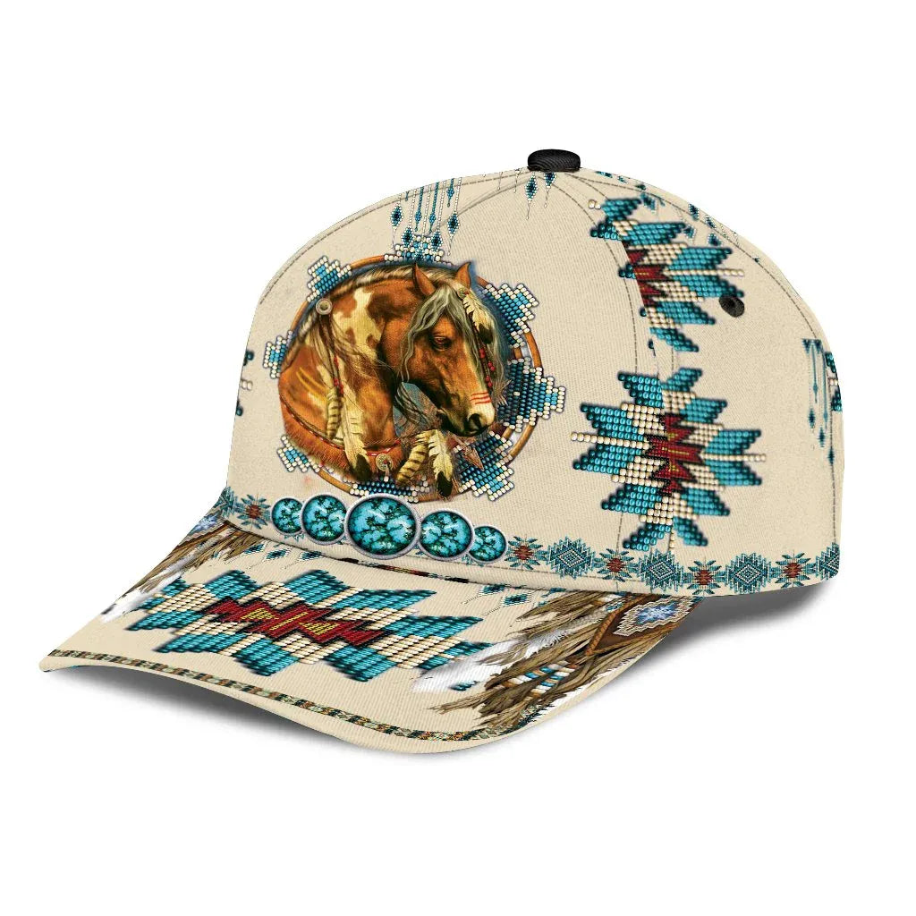 Angled view of Native American inspired baseball cap with horse and dreamcatcher design, featuring detailed tribal beadwork pattern.