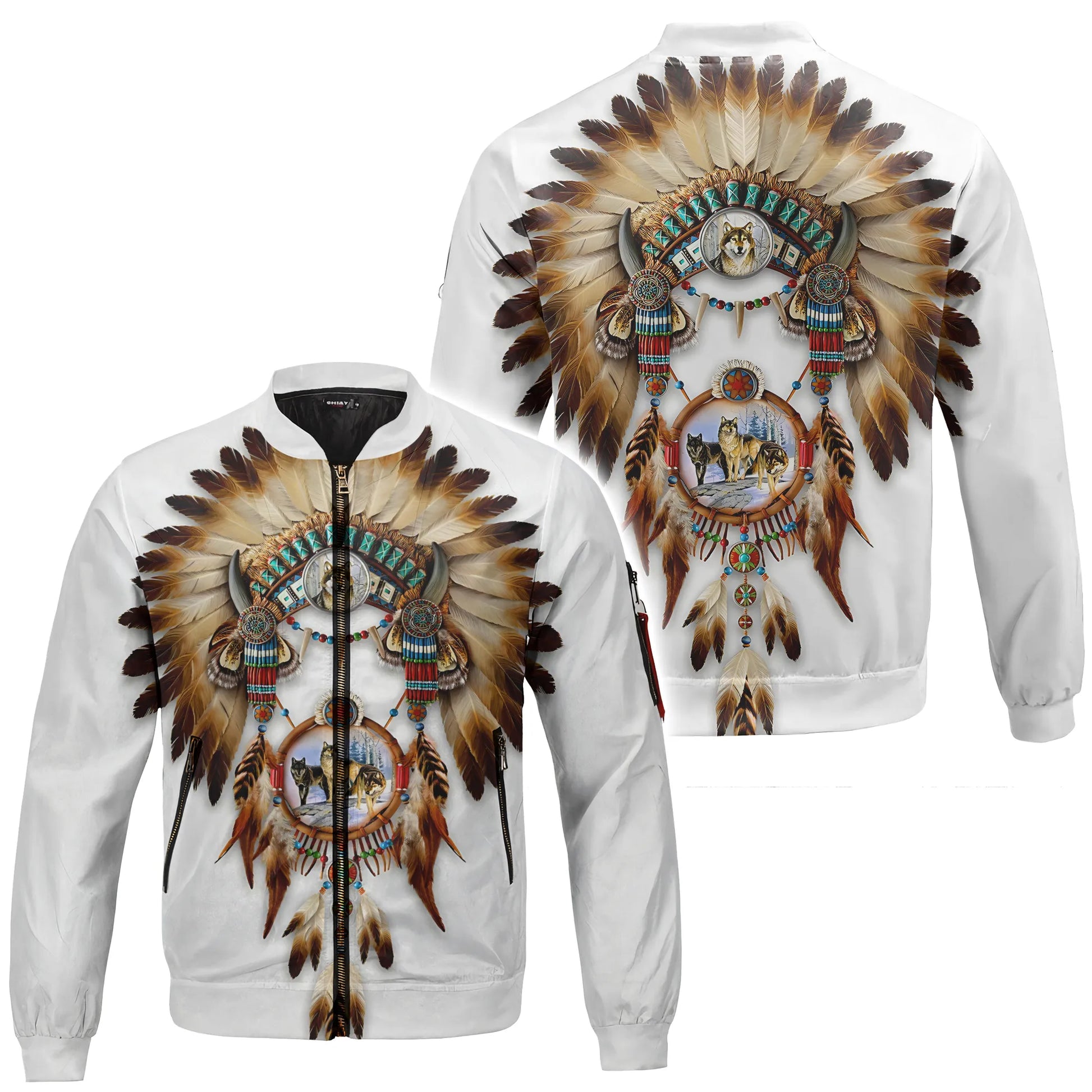 A white bomber jacket featuring a prominent Native American Dreamcatcher and large feather design. The intricate design, highlighted by wolf heads and forest landscapes, creates a powerful and meaningful look. This jacket is an excellent choice for casual everyday wear, expressing a connection to nature and indigenous culture