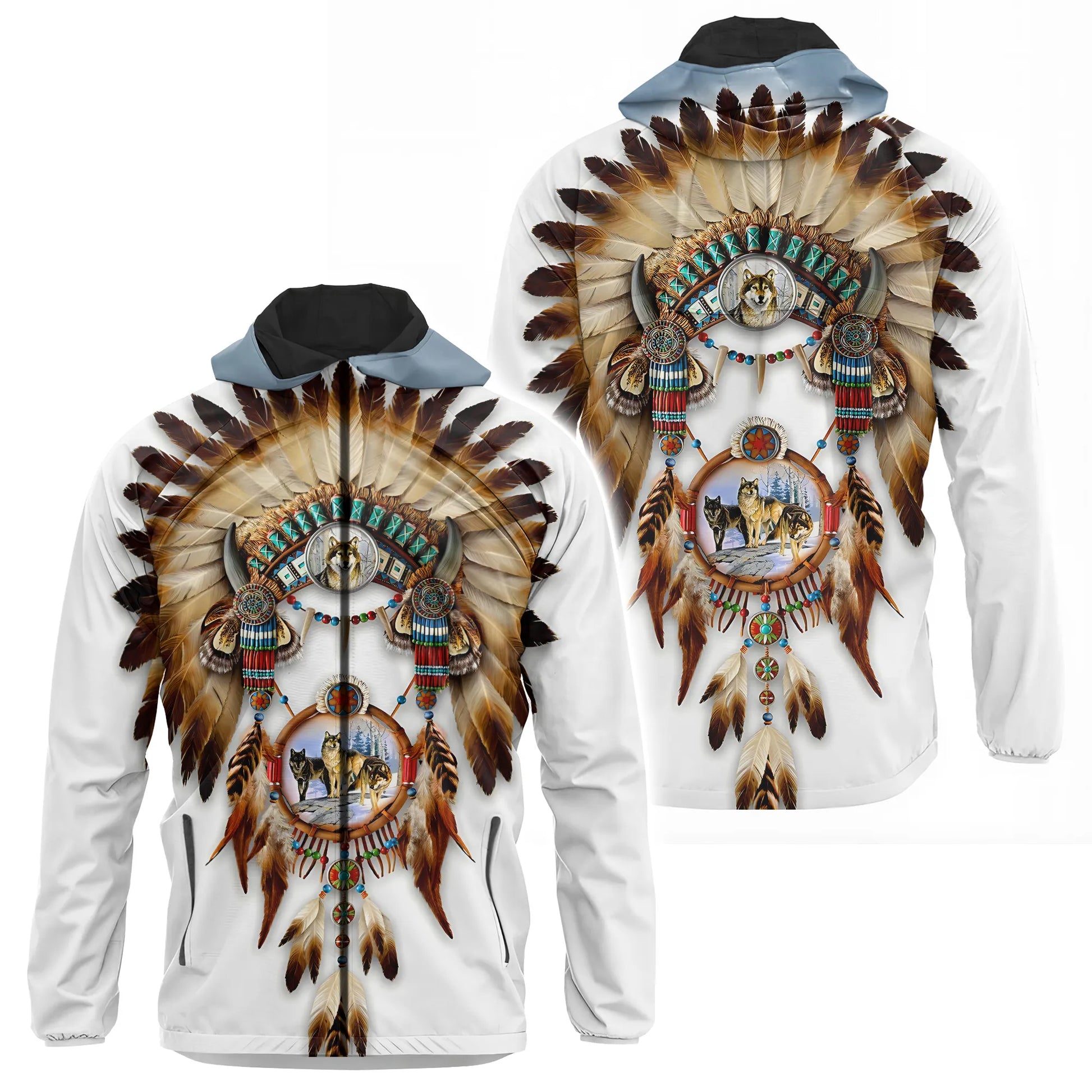 A hooded windbreaker jacket featuring a prominent white Dreamcatcher and feather design, combined with powerful wolf imagery. Its lightweight and light wind-resistant design makes it perfect for outdoor activities, excursions, or simply adding a stylish touch to casual wear.