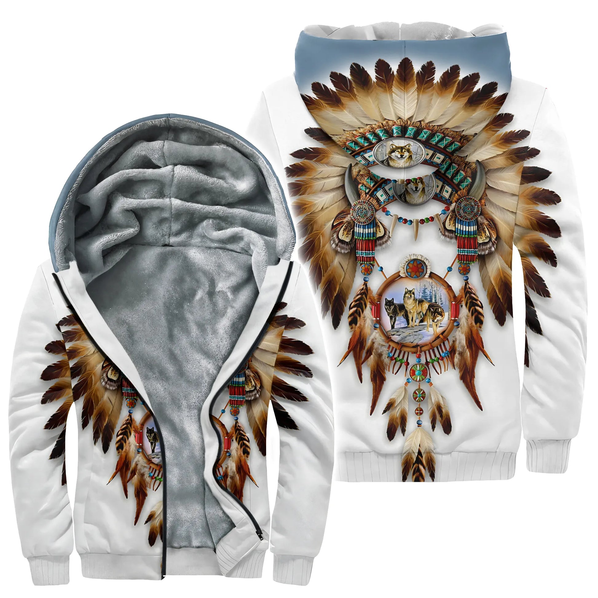 A thick, warm fleece-lined hoodie with a striking white Dreamcatcher and feather pattern. Artistic renditions of wolf heads and wolves in nature are incorporated, providing warmth and a unique style. This is an ideal garment for chilly days or for showcasing personal style in everyday outfits.