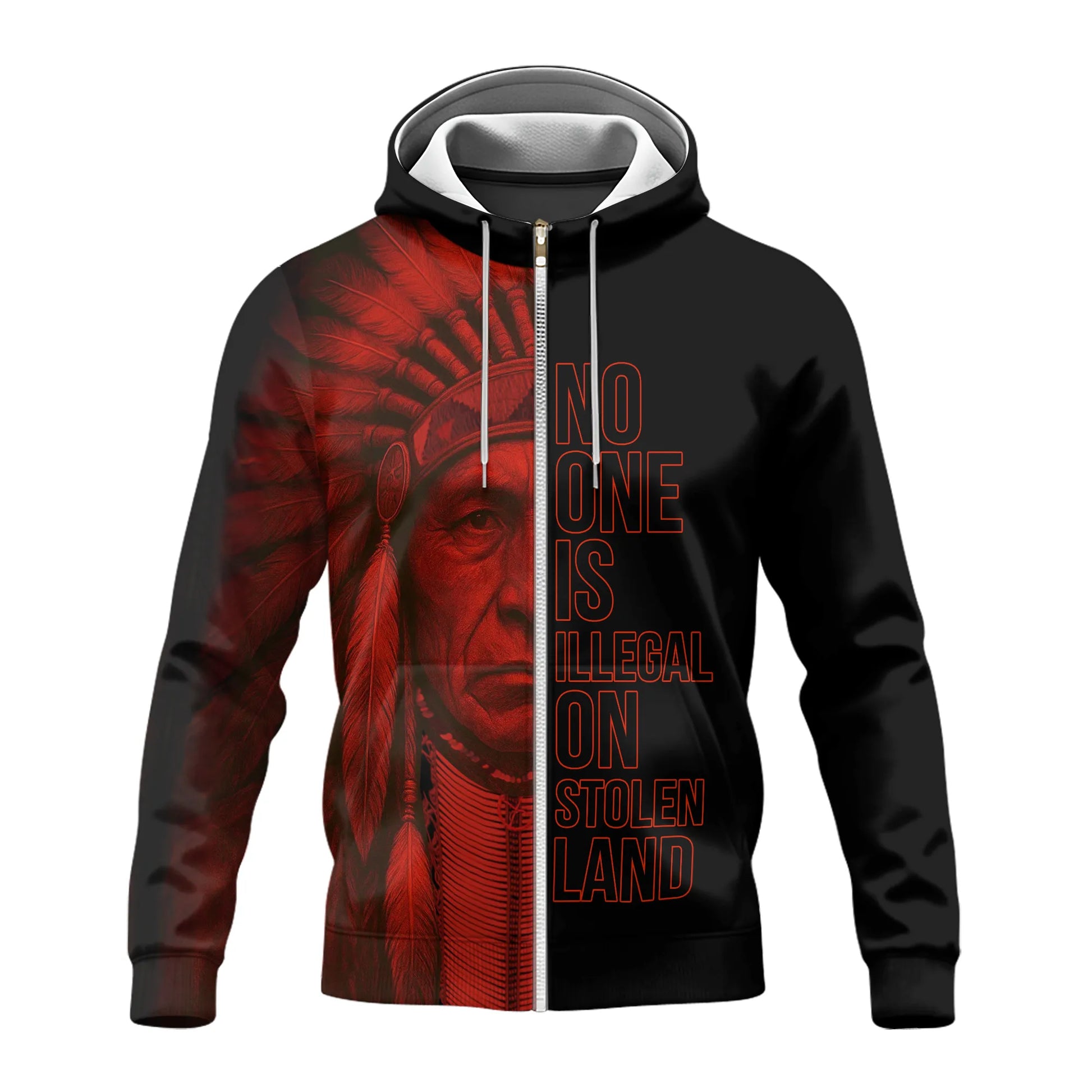Front view of the fleece jacket showing a Native American chief with the text "No One Is Illegal On Stolen Land