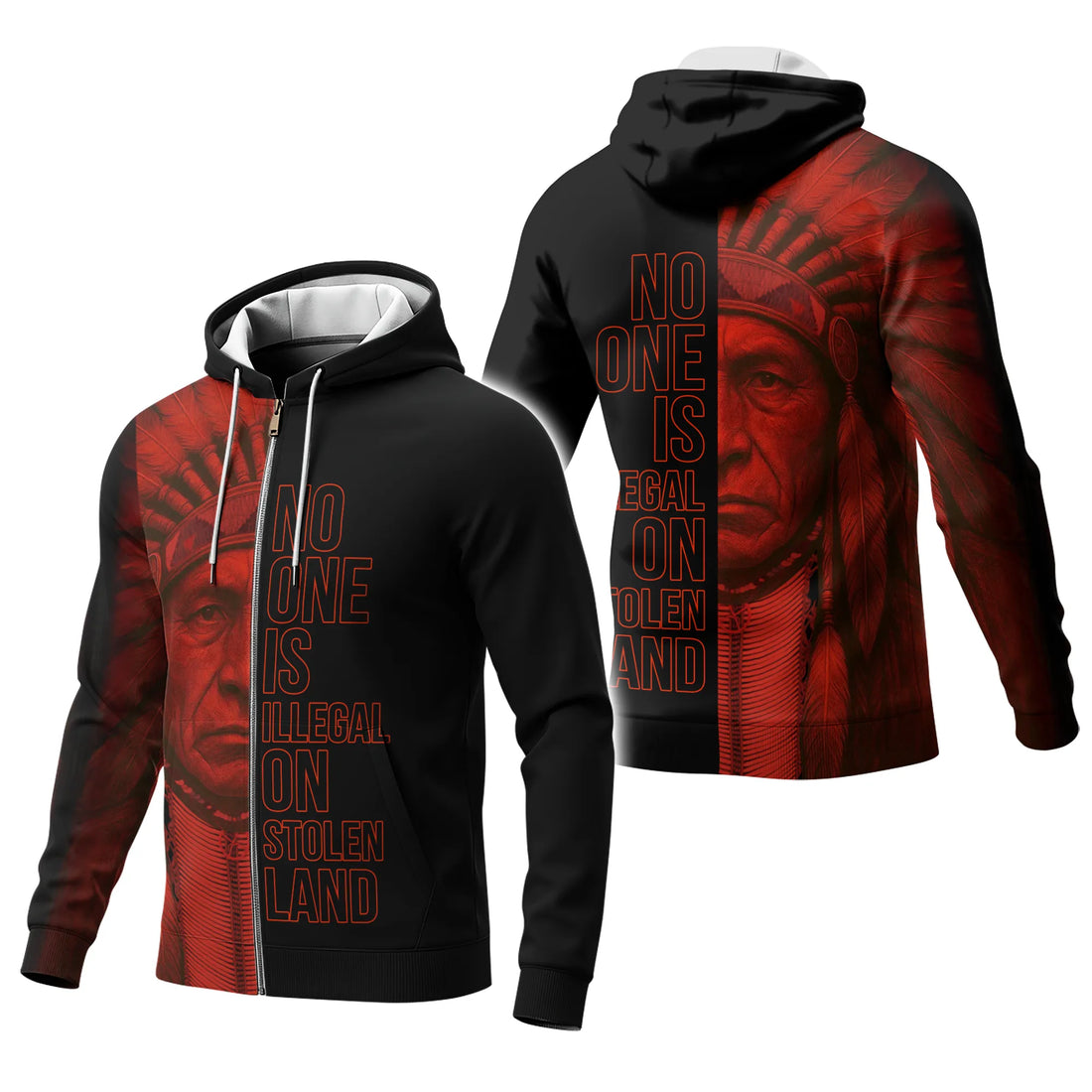 Model photographed from the back wearing a black and deep-red fleece hoodie with the bold slogan “NO ONE IS ILLEGAL ON STOLEN LAND” printed down the center