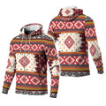 Front of cozy fleece jacket featuring bold red, cream, orange, and gray geometric tribal diamonds and stripes design, with a hood and long sleeves.