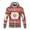 Cozy lined fleece jacket in red, cream, orange, and gray geometric tribal motifs, showing both front and back views side by side.