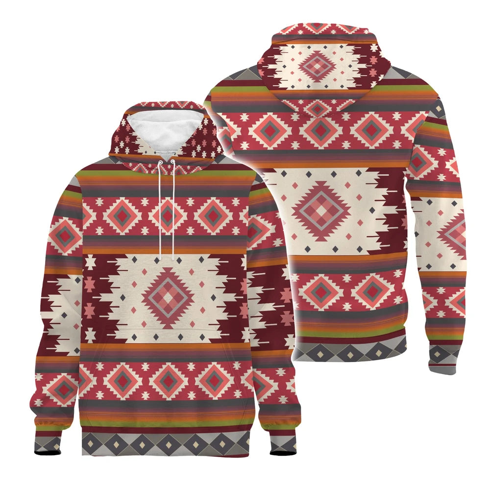 Front & Back of Hoodie displaying matching red, cream, orange, and gray geometric tribal patterns in diamond and stripe motifs.