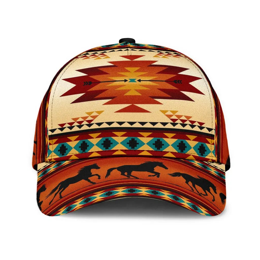 Front view of Native American baseball cap featuring horse design with beadwork patterns on beige fabric.