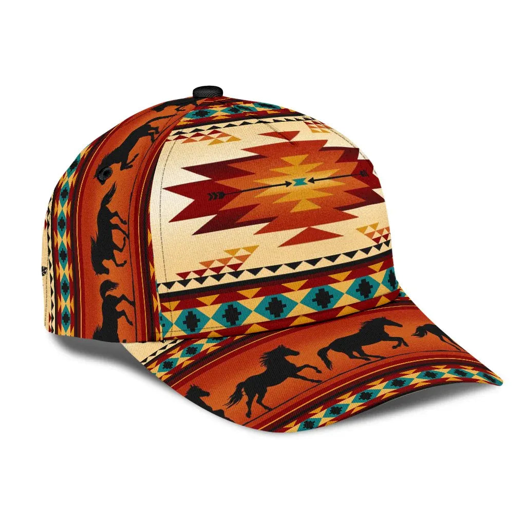 Side angle of beige Native American style baseball cap with intricate horse beadwork design.