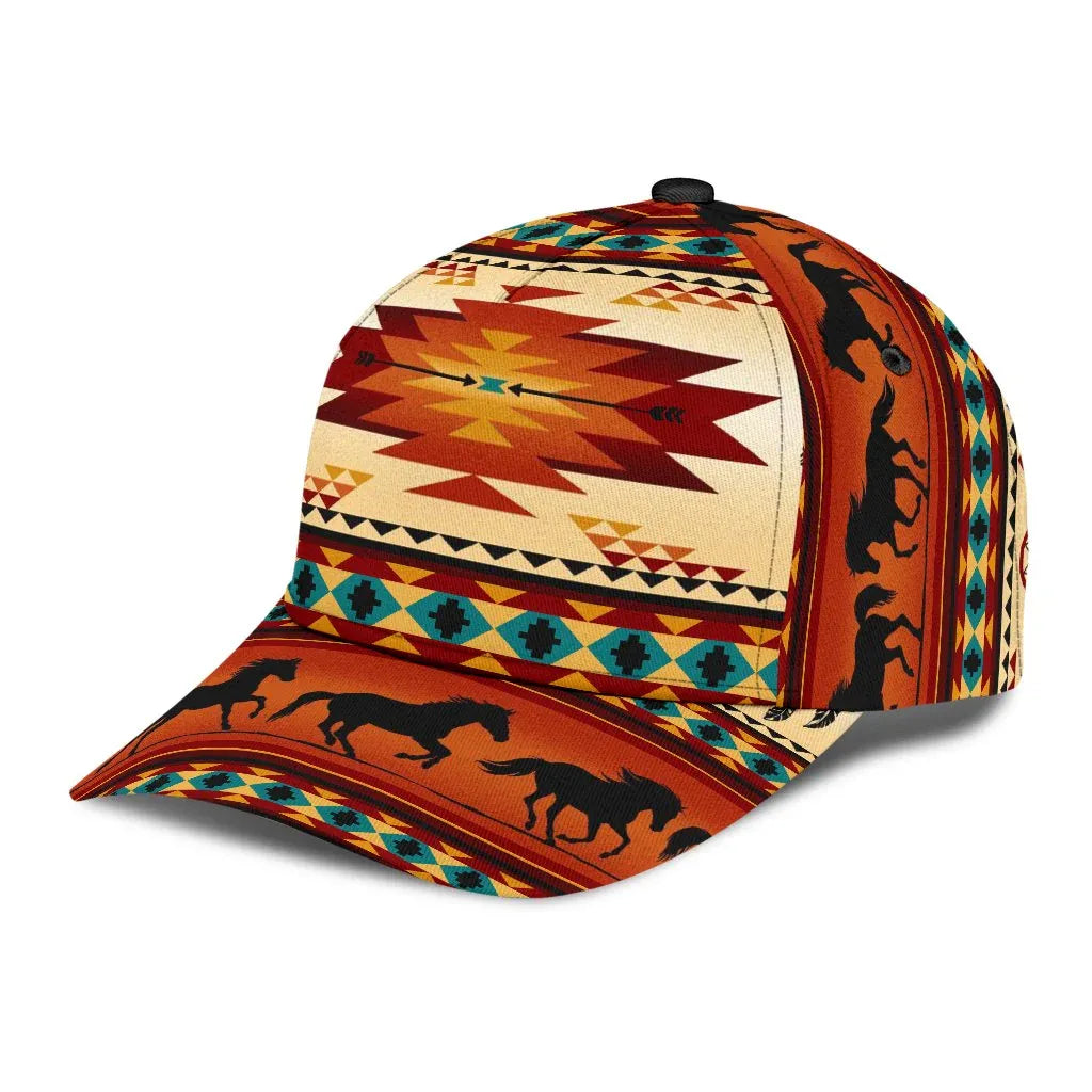 Side angle of beige Native American style baseball cap with intricate horse beadwork design.