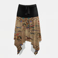 Front view of an asymmetrical hanky hem skirt with a wide black waistband and a vibrant tan-brown Native American inspired print of warriors on horseback, wild horses, and bold geometric patterns.