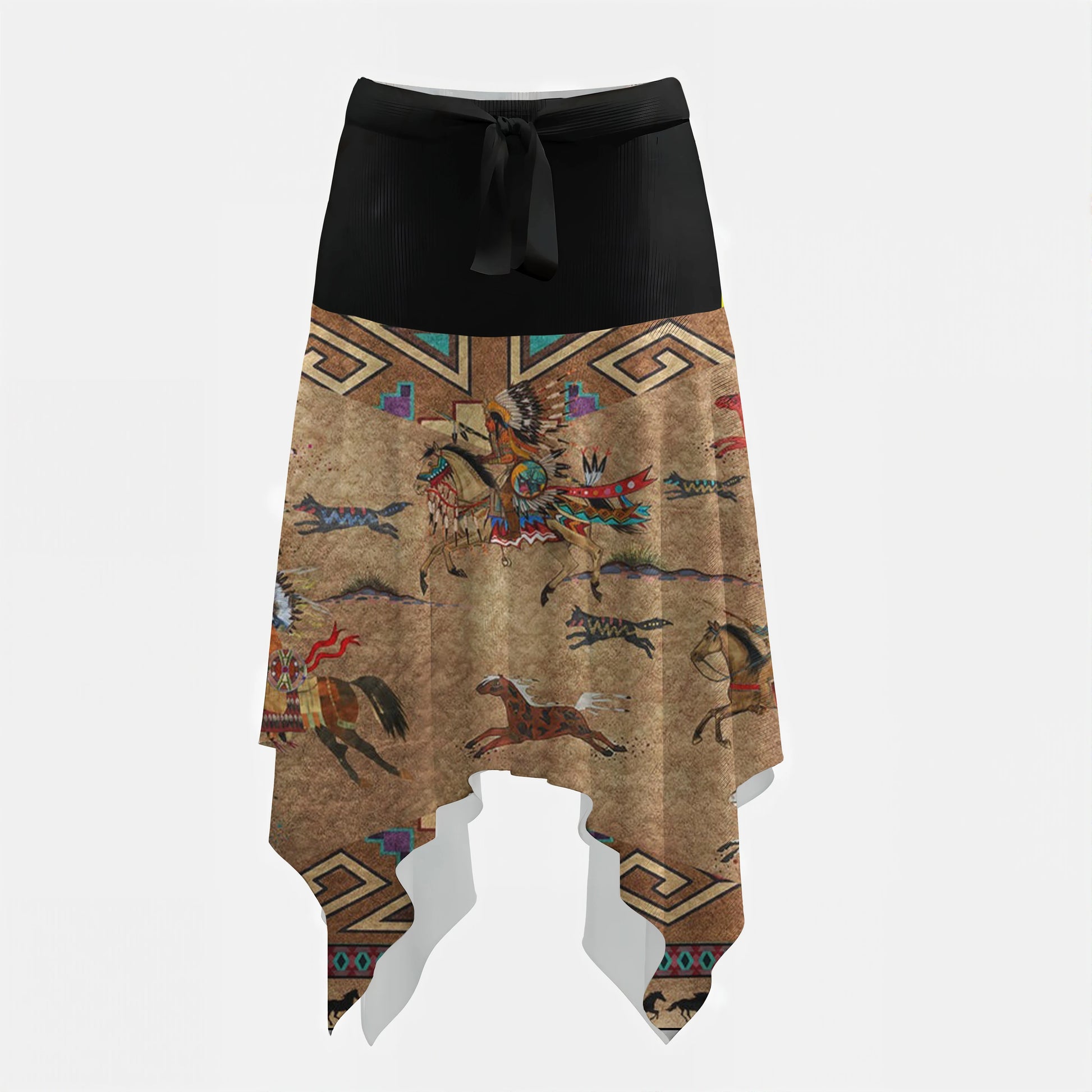  Front view of an asymmetrical hanky hem skirt with a wide black waistband and a vibrant tan-brown Native American inspired print of warriors on horseback, wild horses, and bold geometric patterns.
