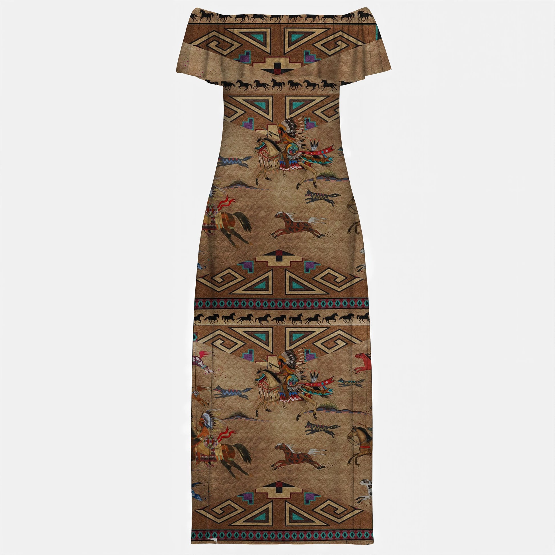Full-length view of an off-shoulder maxi dress in a warm tan-brown shade, covered in a detailed Native American inspired print showcasing warriors on horseback, galloping horses, and repeating geometric tribal designs.