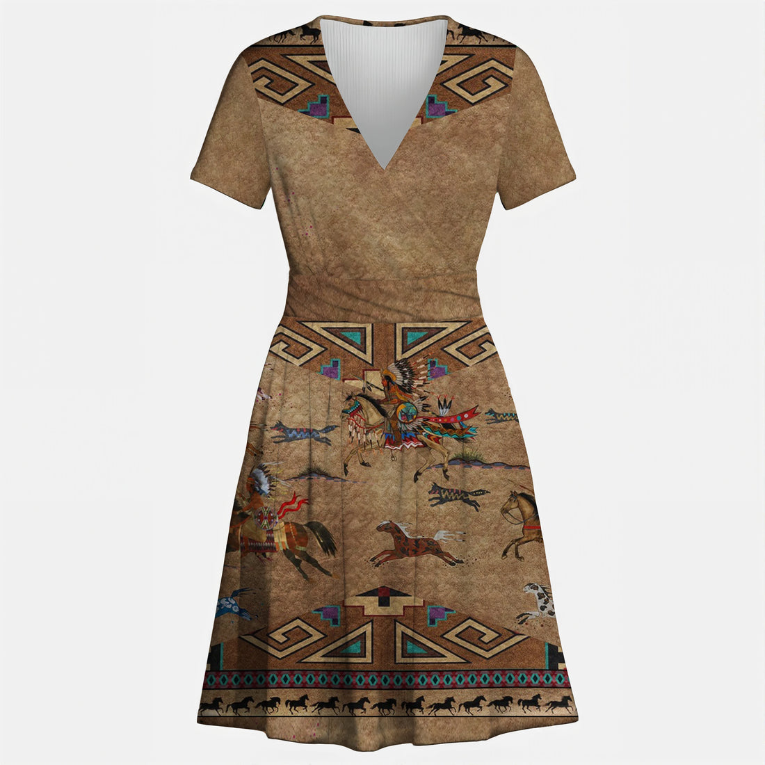 Front and back view of a women's V-neck A-line dress featuring a tan-brown background with a vibrant Native American inspired print of warriors on horseback, galloping horses, and geometric patterns.