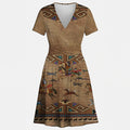 Front and back view of a women's V-neck A-line dress featuring a tan-brown background with a vibrant Native American inspired print of warriors on horseback, galloping horses, and geometric patterns.