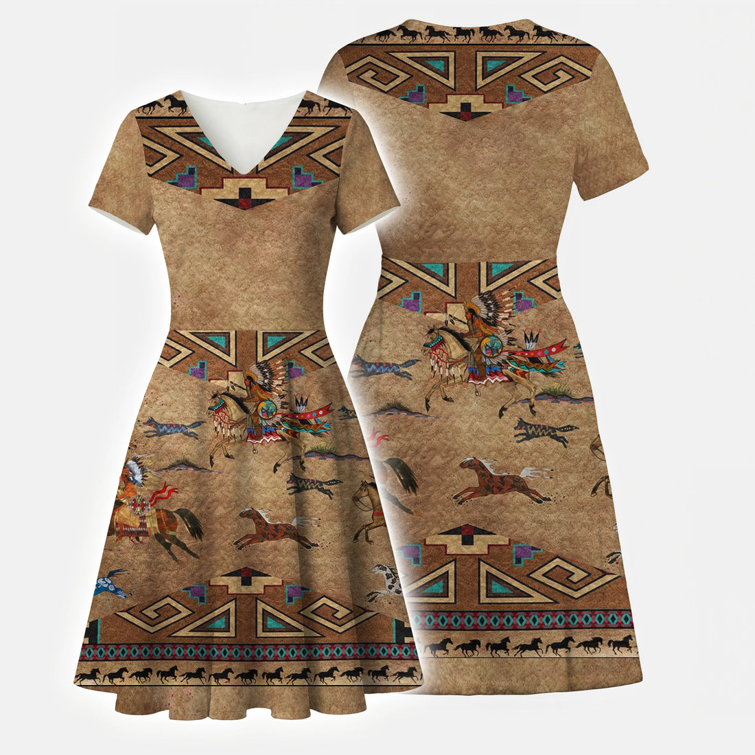 Front and back view of a women's V-neck A-line dress featuring a tan-brown background with a vibrant Native American inspired print of warriors on horseback, galloping horses, and geometric patterns.