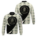 A bomber jacket with a Native American-inspired design featuring an elder and the quote, 