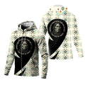 A fleece jacket with a Native American-inspired design featuring an elder and the quote, 