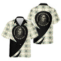 A Hawaiian shirt with a Native American-inspired design featuring an elder and the quote, 