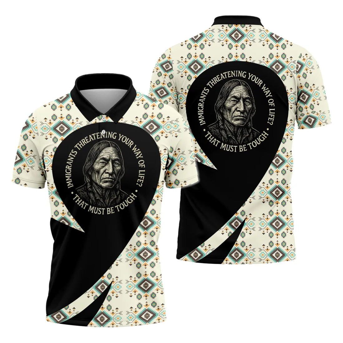 A fleece jacket with a Native American-inspired design featuring an elder and the quote, "Immigrants Threatening Your Way of Life? That Must Be Tough."